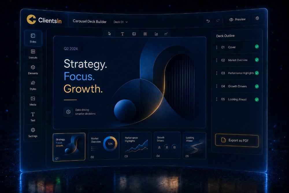 Carousel deck builder concept interface in the Clientsin brand style