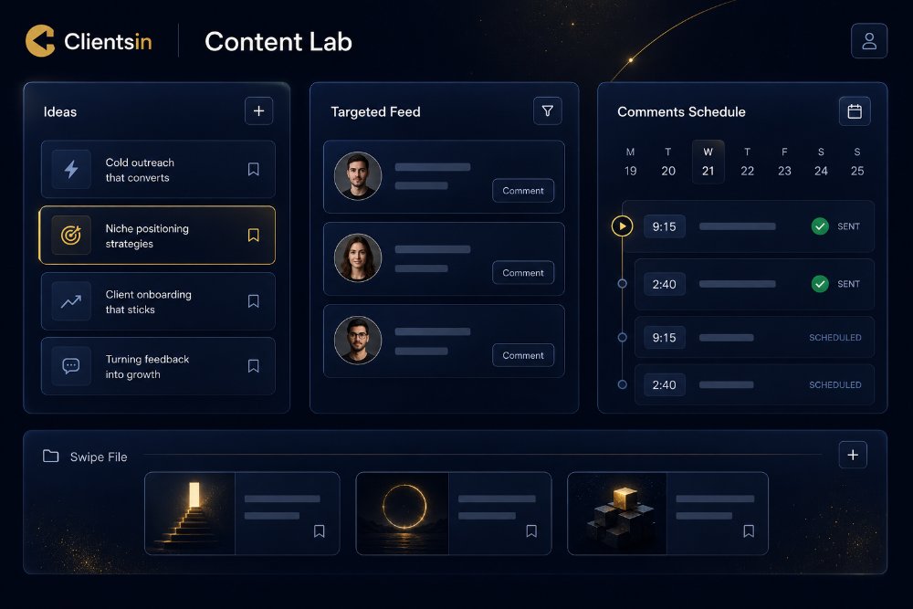 Concept Content Lab interface in navy and blue glass with an ideas list, targeted feed, and comments schedule