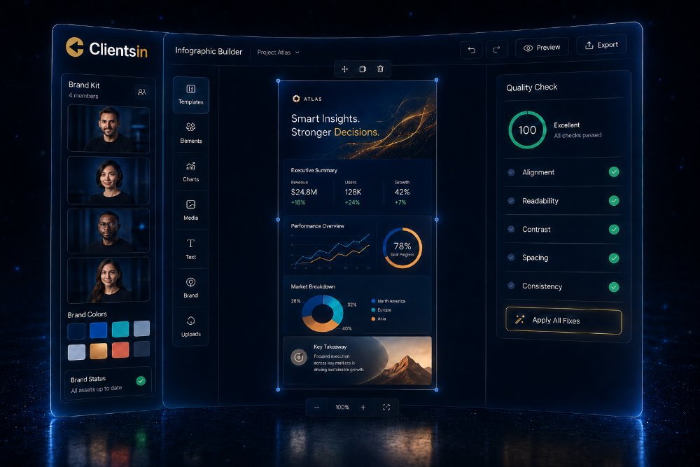 Infographic builder concept interface in the Clientsin brand style