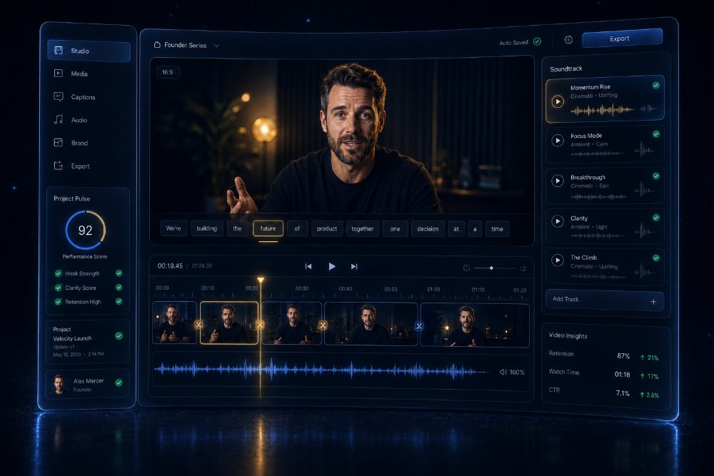 Concept video editing dashboard in navy and blue glass with subtle gold accents