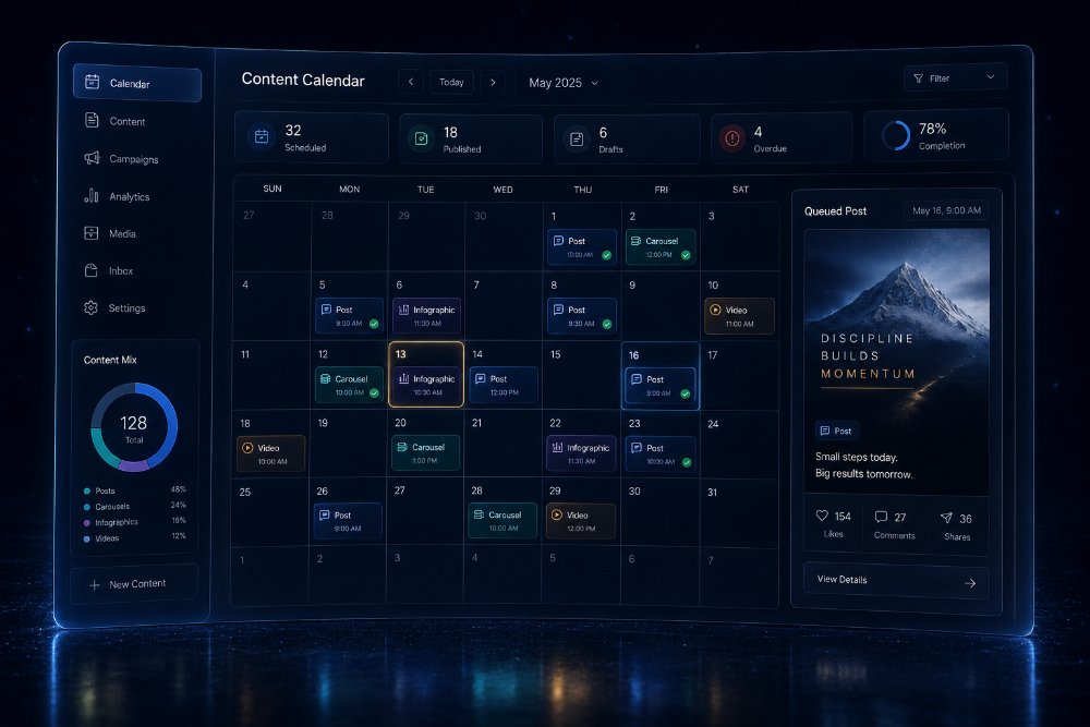 Concept content calendar dashboard in navy and blue glass with subtle gold accents