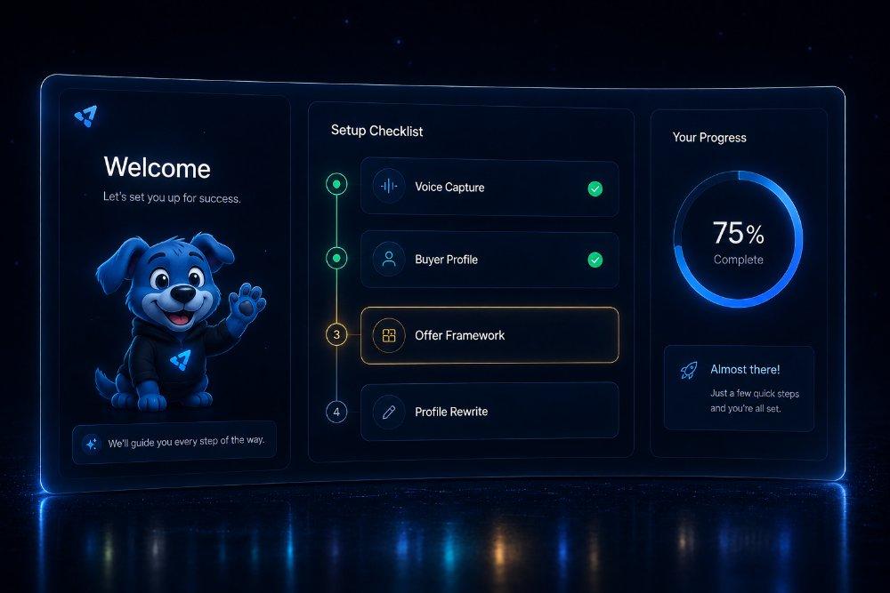 Concept onboarding dashboard with the Blue dog mascot in navy and blue glass