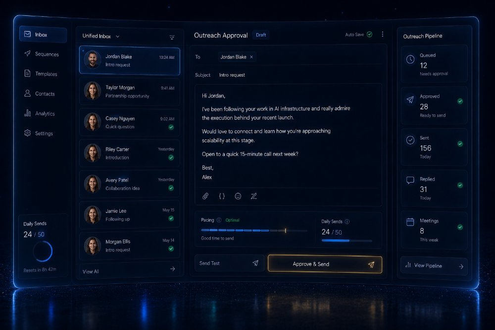 Concept assisted outreach approval dashboard in navy and blue glass