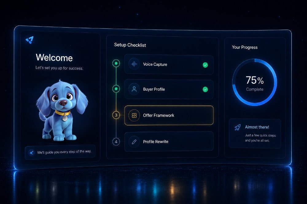 Concept onboarding screen with Blooboi, the Clientsin dog, in navy and blue glass